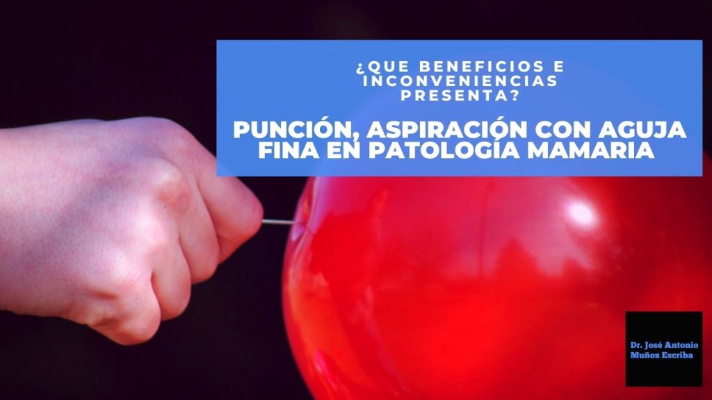 Una mano sosteniendo un clavo que está a punto de penetrar un globo de color rojo. Representa a la punción con aguja fina que se realiza en patología mamaria