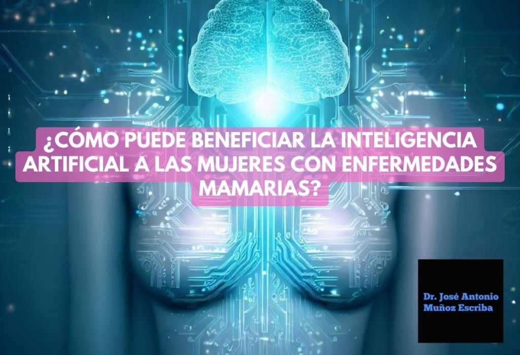 Silueta de un mujer y un cerebro del que salen circuitos electrónicos, denotando la influencia de la inteligencia artificial en las enfermedades mamarias. Plasmada en diversos tonos de color azul