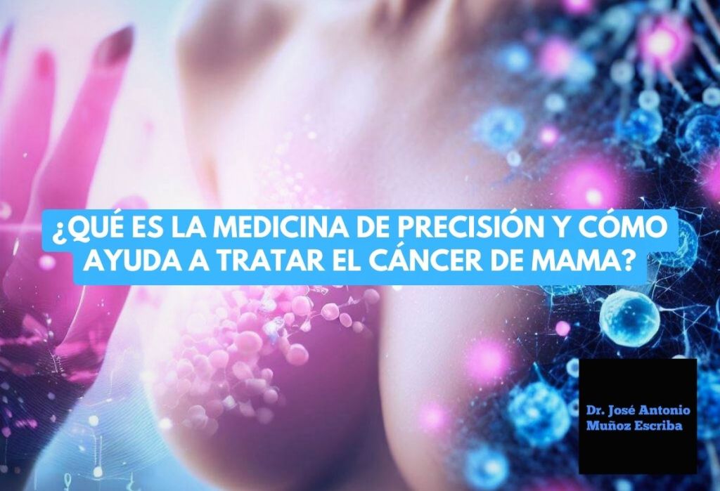 Imagen del busto de una mujer acompañada de simbolos esferoidales que asemejan moléculas. La imagen está inmersa en tonos rosados y azules. Representa de una forma esquemática a la medicina de precisión para ayudar a hacer un diagnóstico, planificar el tratamiento, averiguar la eficacia del tratamiento o hacer un pronóstico