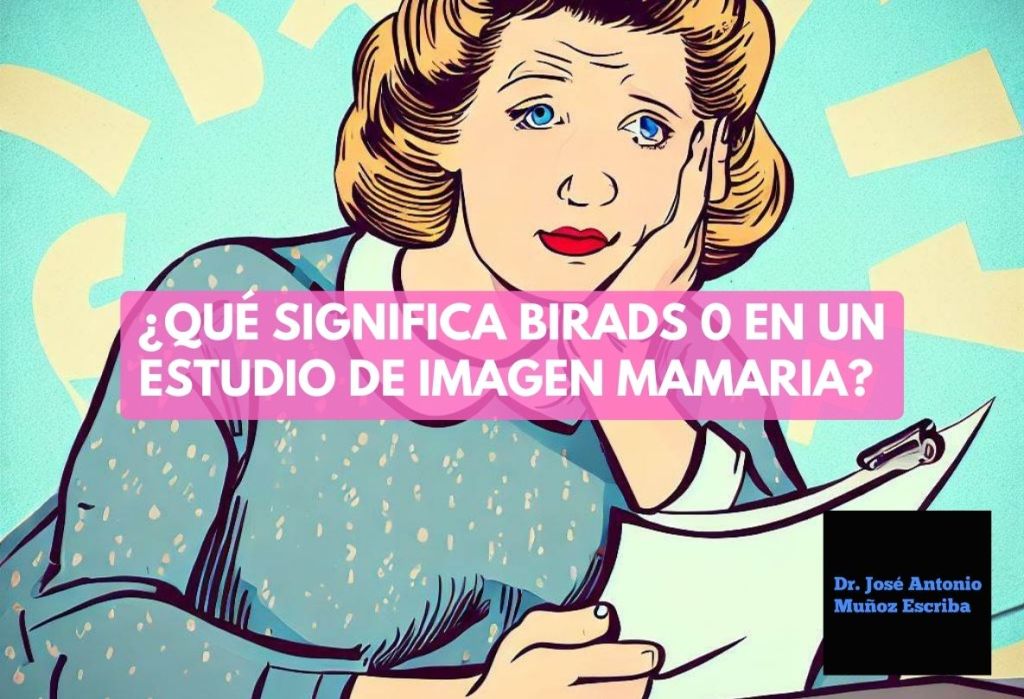 Caricatura de una mujer de aproximadamente 40 años leyendo el informe de su mamografía que la concluye como BIRADS 0, por lo que requiere estudios adicionales