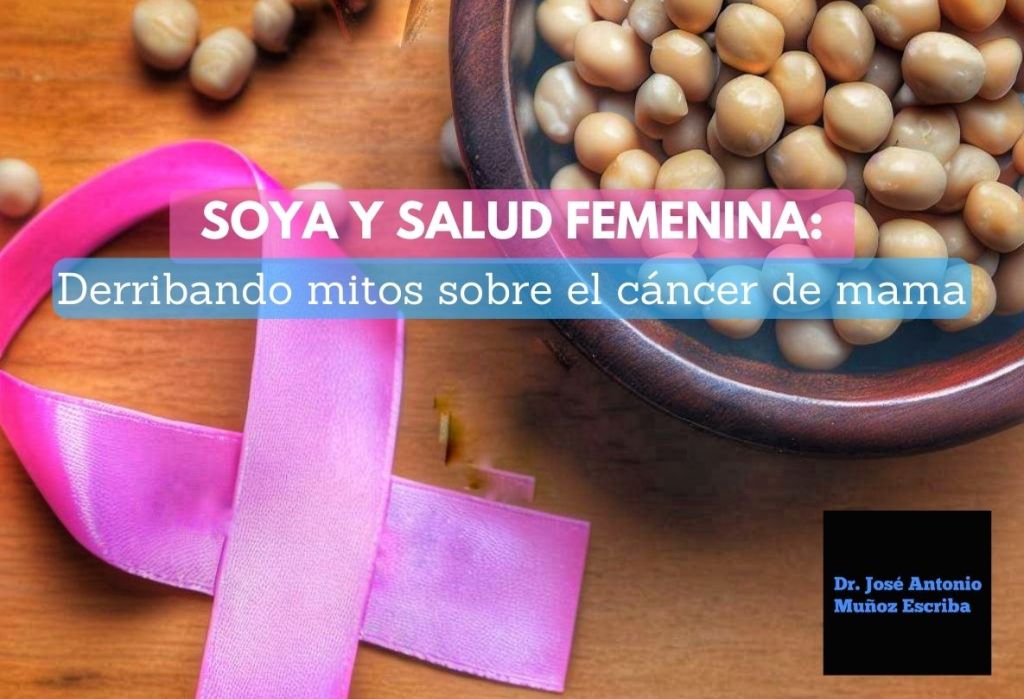 Sobre una mesa se vé al lazo rosado, símbolo de la lucha contra el cáncer de mama al lado de un recipiente que contiene granos de soya