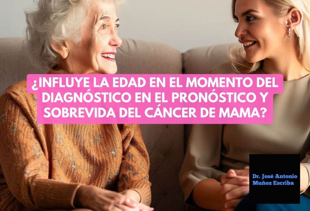 Mujer de la tercera edad hablando amenamente con una mujer joven sentadas en un sofá marrón claro, cada una con sus manos en estrecho contacto. Esta imagen busca resaltar que en las distintas etapas de la vida, la edad influye de una manera distinta en el pronóstico del cáncer de mama 