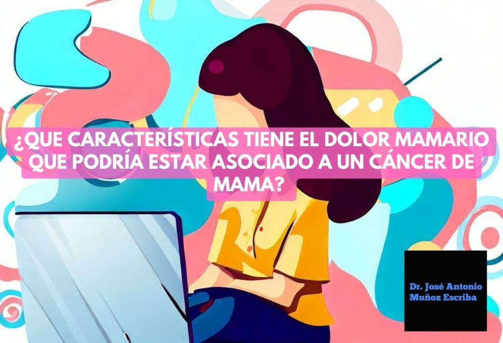 Representación gráfica de una mujer joven vestida con una blusa amarilla sentada frente a una laptop buscando información sobre dolor mamario