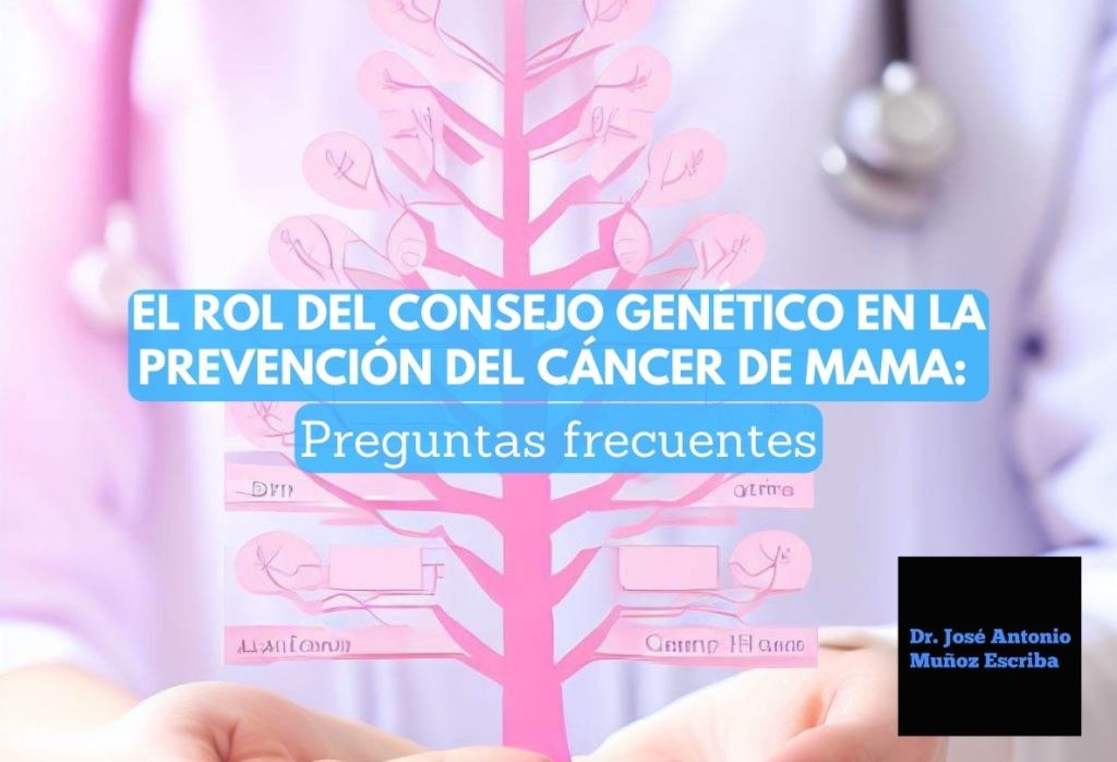 Representación gráfica de un árbol rosado, que indica el arbol genealógico de una paciente con cáncer de mama hereditario; delante de un oncólogo en el que se desenfocada su imagen, y su estetoscópio
