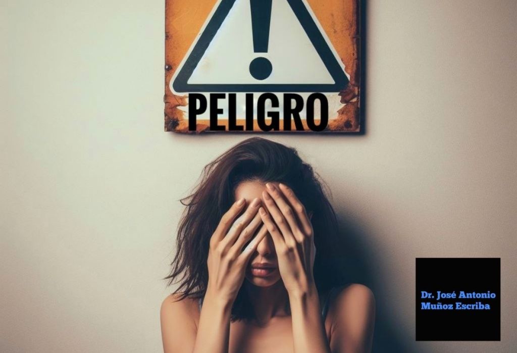 Imagen de una mujer con ambas manos en sus ojos, como si no quisiera ver o saber, de espaldas a un aviso que dice peligro y lo simboliza con la imagen del signo de exclamación dentro de un triángulo. 