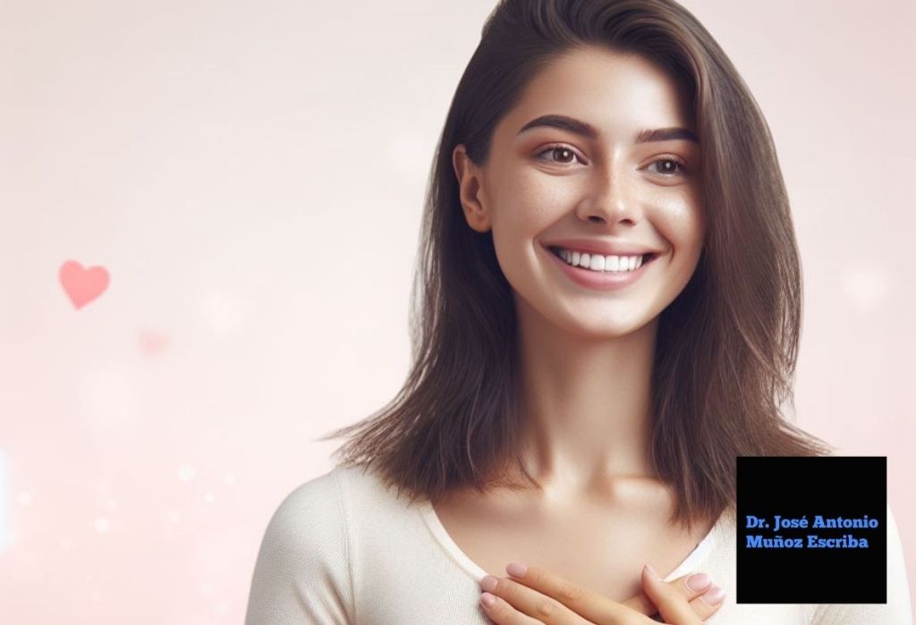 Mujer de rostro sonriente y alegre, expresando alivio al saber que el dolor mamario que presenta con regularidad no está relacionada a un cáncer de mama