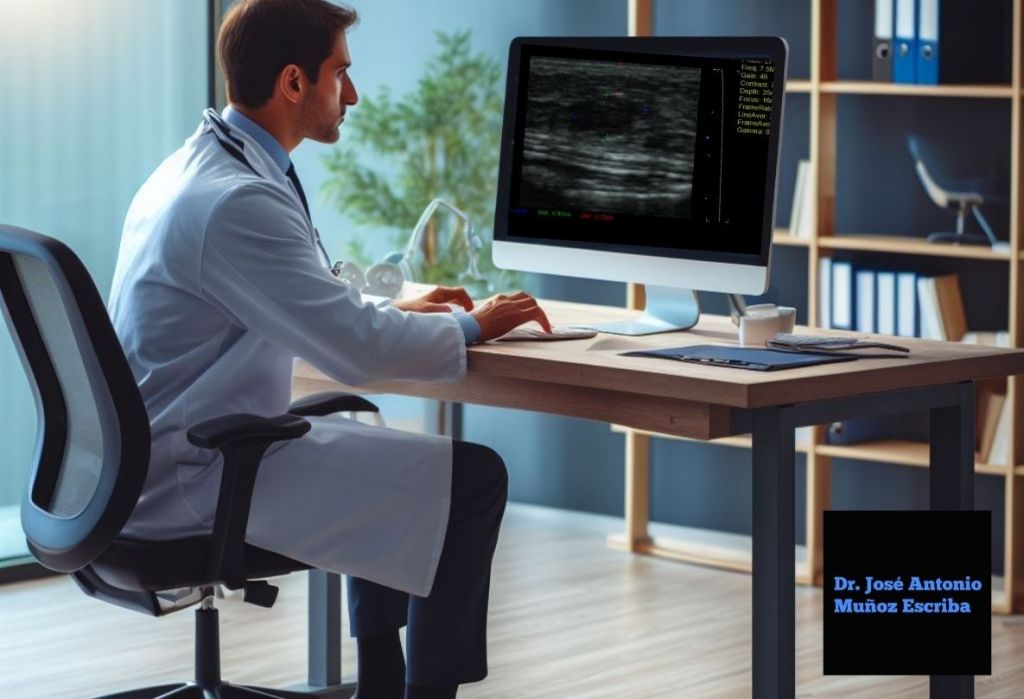 Cirujano oncólogo mastólogo sentado frente al monitor de una computadora en su consultorio, evaluando una imagen de un eco mamario que evidencia la presencia de una lesión hipoecoica de una mujer joven, tratando de diferenciar si se trata de una lesión benigna o maligna