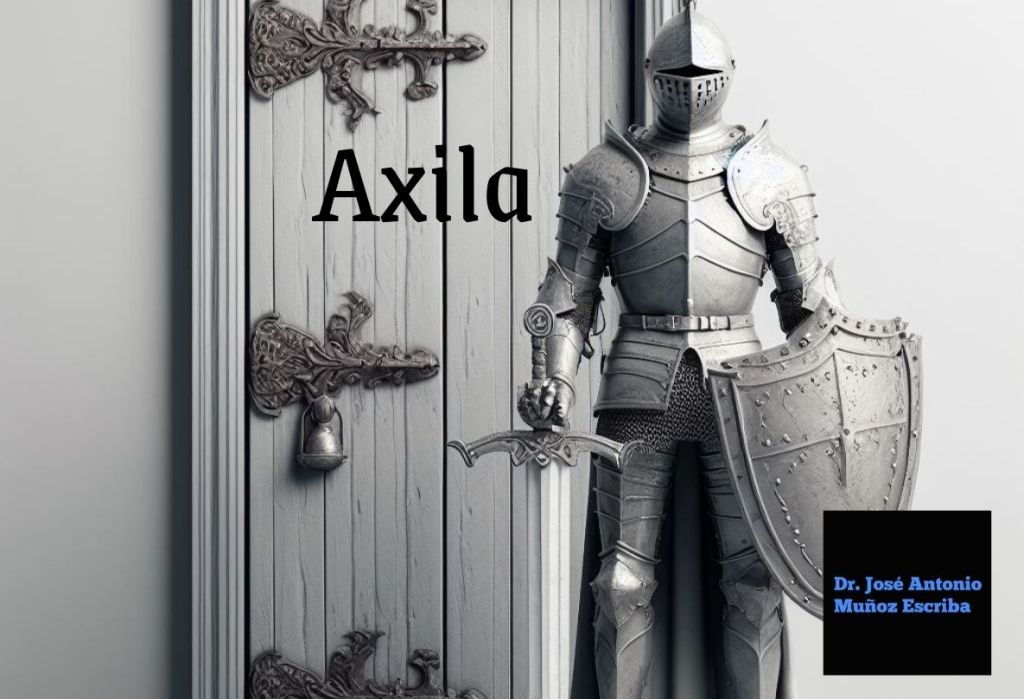 Caballero medieval en armadura delante de una puerta en la que se lee axila. Esta imagen sugiere que el caballero protege la puerta, tal como lo hace el ganglio centinela en la axila en el cáncer de mama