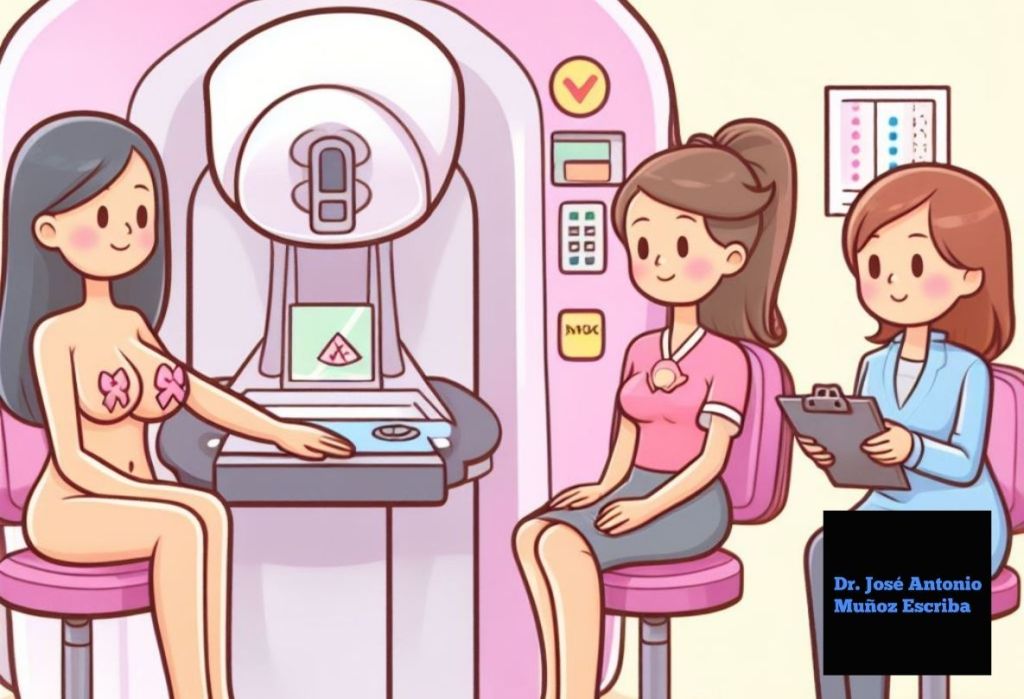 Caricatura de una mujer joven con 2 lazos rosados en las mamas a quien le van a realizar una mamografía, siendo esta supervisada por dos profesionales de la salud. 