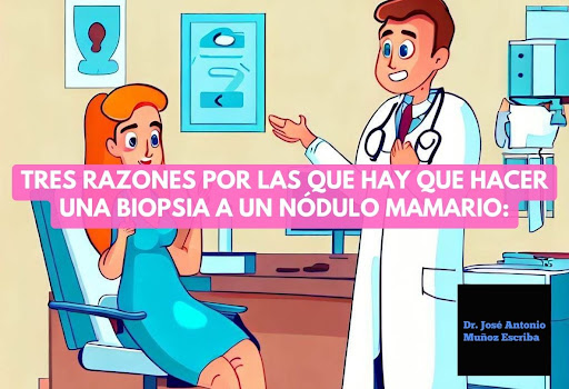 Comic en el que se observa a un cirujano mastólogo en su consultorio, explicándole a una paciente las razones por las cuales es necesario hacerle una biopsia a un nódulo mamario