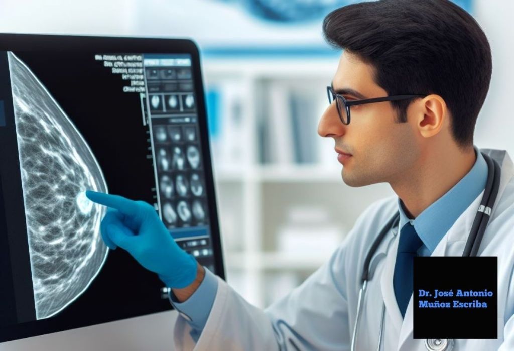 Cirujano mastólogo evaluando en el monitor de una computadora la imagen de una mamografía en la que se observa un nódulo radiodenso subareolar, que podría no ser palpable y fué detectado por este estudio de imagen