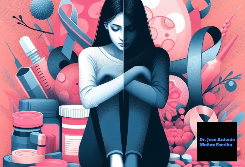 Representación gráfica de una mujer joven sentada de frente a la imagen, con la cabeza hacia abajo expresando vergüenza. A su espalda imágenes que evocan el tratamiento recibido en las que se pueden ver inyectadoras, frascos de pastillas, lazos alusivos a la lucha contra el cáncer. Esta imagen refleja la vergüenza que le produce a esta mujer el haber recibido tratamiento para el cáncer de mama que padeció, por las cicatrices que le produjo y su efecto en la percepción de su imagen corporal