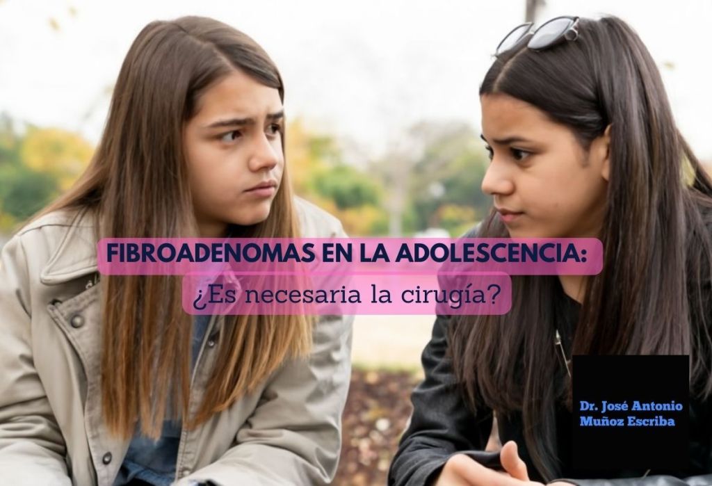 Dos adolescentes del sexo femenino conversando. Una luce con cara de preocupación porque tiene un nódulo en la mama que parece ser un fibroadenoma, mientras que la otra le edta recomendando que busque una evaluación con un cirujano mastólogo