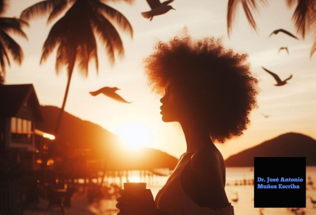 Mujer en la playa, al atardecer, con peinado tipo afro que luce pensativa preguntándose si el tamaño de los senos influye en en el riesgo de padecer cáncer de mama. A su alrededor se observan gaviotas sobrevolando el área. La playa parece estar en Venezuela hacia la zona de La Guaira