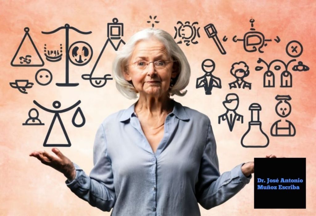 Mujer de la tercera edad con simbolos detrás de ella que simbolizan las distintas opciones de tratamiento que existen para tratar a una paciente con diagnóstico de cáncer de mama. Una de esas opciones es la de omitir la radioterapia después de una cirugía conservadora de la mama 