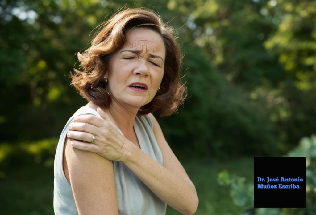 Mujer de aproximadamente 60 años, con signo de dolor en el rostro, mientras se agarra el hombro del lado en que le operaron un cáncer de mama, al intentar mover el brazo debido a una rehabilitación inadecuada