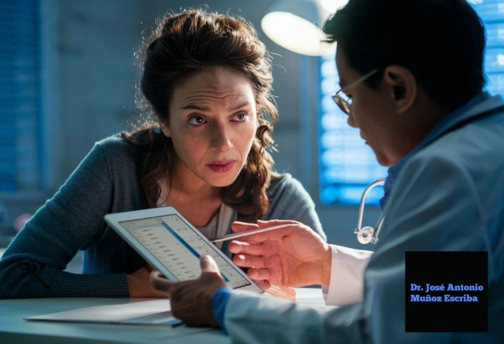 Cirujano oncólogo mastólogo explicándole a una paciente con cáncer de mama, en una tablet, los exámenes de extensión necesarios para evaluar en que etapa se encuentra la enfermedad que le acaban de diagnosticar 