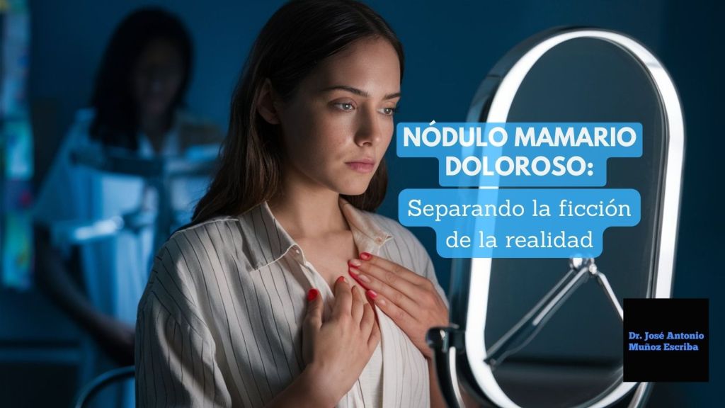 Mujer con rostro desconcertado  y preocupado porque tiene un nódulo mamario que le duele cuando se lo toca, mirándose en un espejo