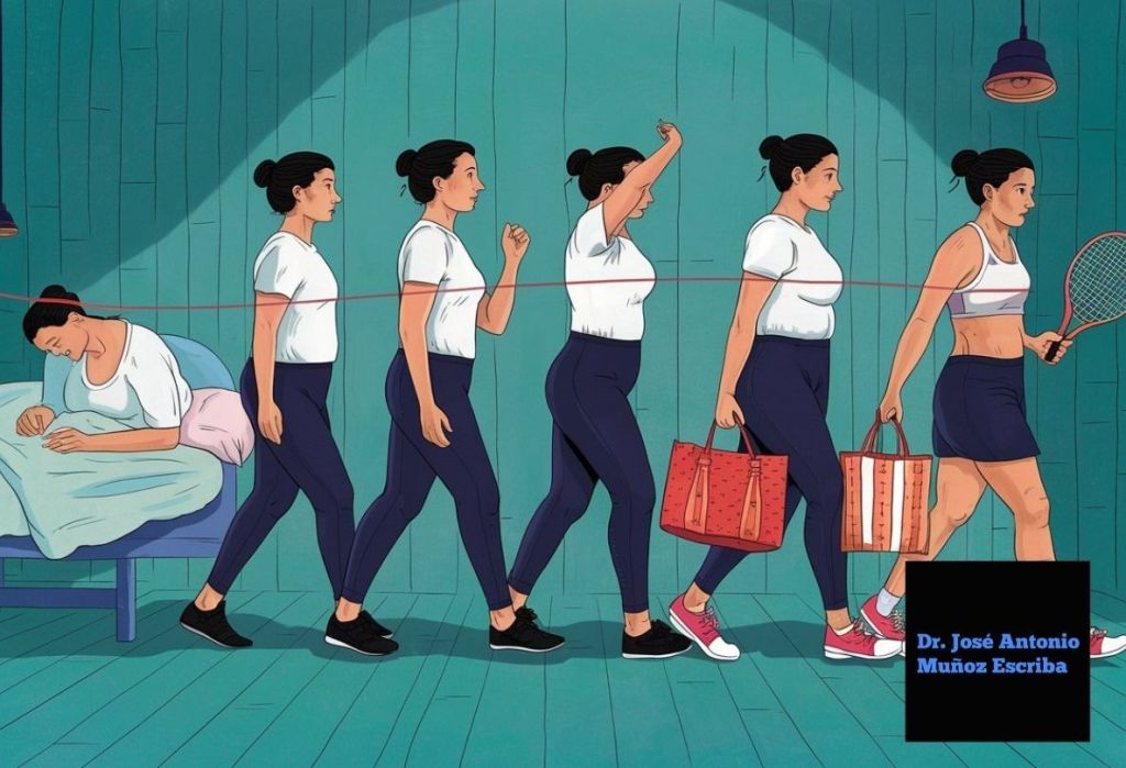 Imagen que muestra a una mujer en las distintas etapas de recuperación posterior a una cirugía para tratar el cáncer de mama