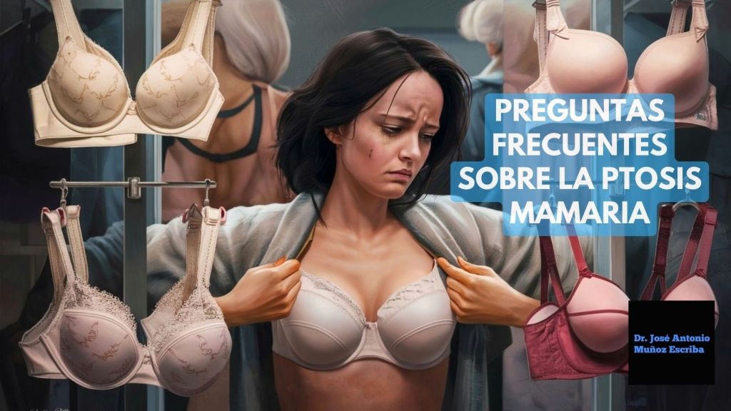 Mujer probándose un sujetador para tratar de aliviar la ptosis mamaria que presenta