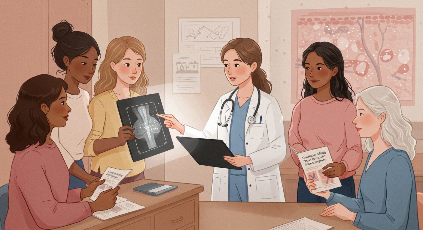 Imagen de un cirujano mastologo mostrando unas microcalcificaciones mamarias a unas pacientes explicándoles que son y por qué se producen