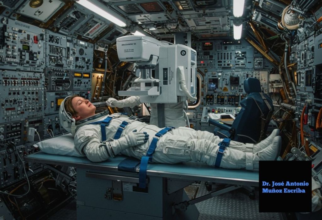 Mujer astronauta en el espacio a quien le van a realizar una mamografia; esta imagen sirve para evocar la famosa frase pronunciada en el Apolo 13 dando a entender que actualmente tenemos un problema en diagnosticar precozmente a las mujeres con cáncer de mama.