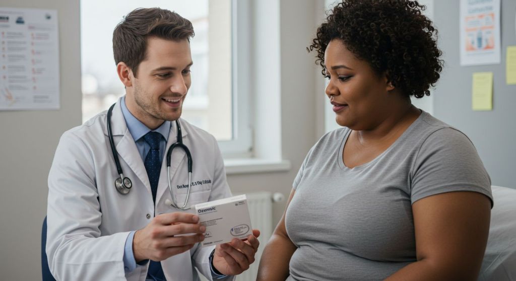 Mujer quien padece de cáncer de mama y obesidad en el consultorio de su cirujano oncólogo, mastólogo a quien le están prescribiendo un medicamento del tipo GLP-1 como la semaglutida (ozempic®)
