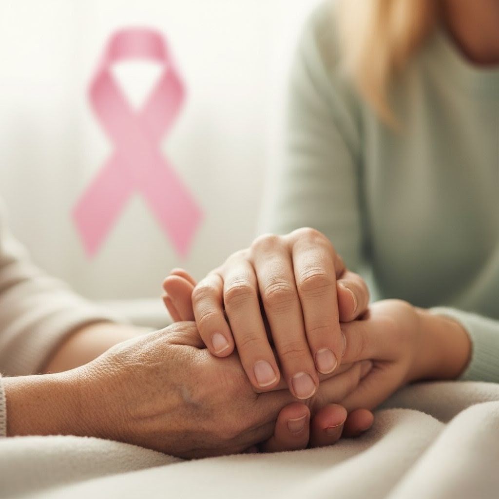 Una madre sosteniendo las manos de su hija  en señal de apoyo y comprensión