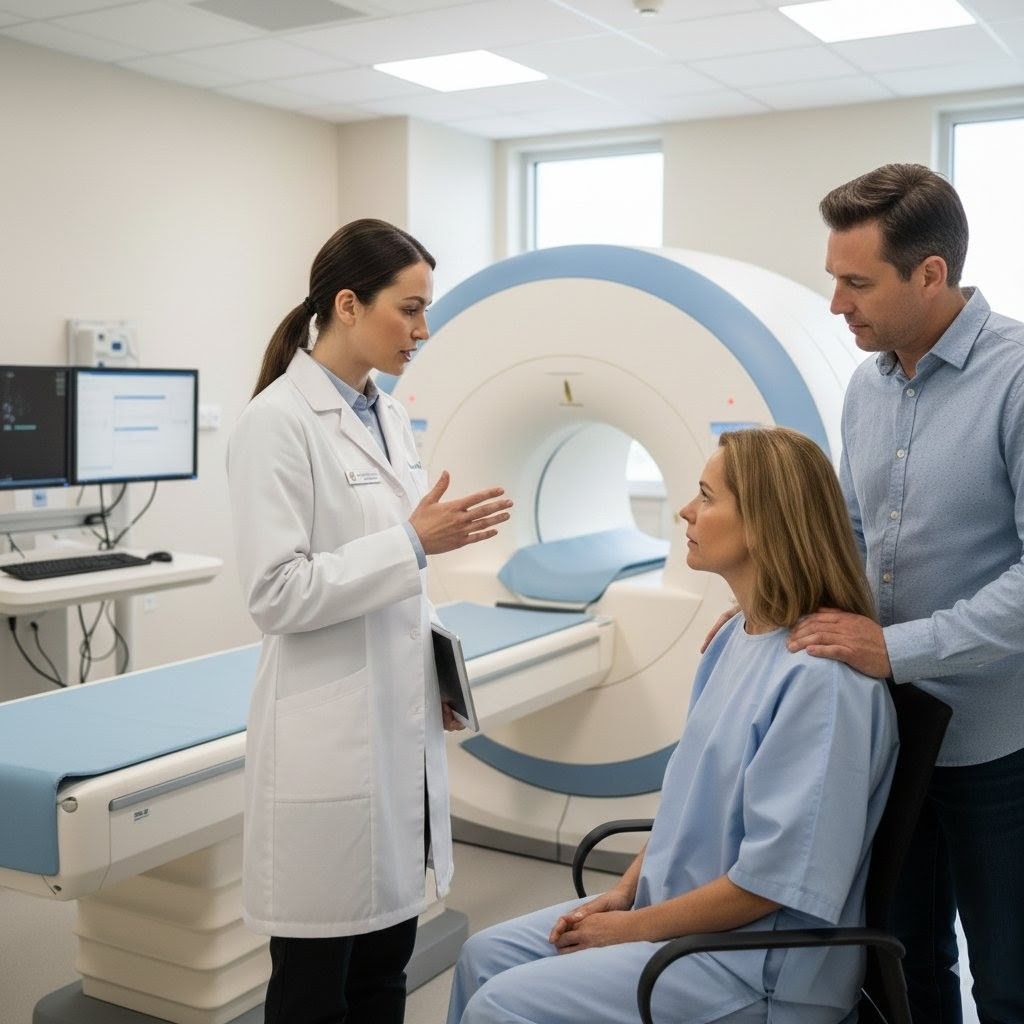 Un medico radiólogo le está explicando algo a una paciente con senos densos antes de entrar a un equipo de resonancia magnetica, las ventajas de este estudio sobre la mamografía