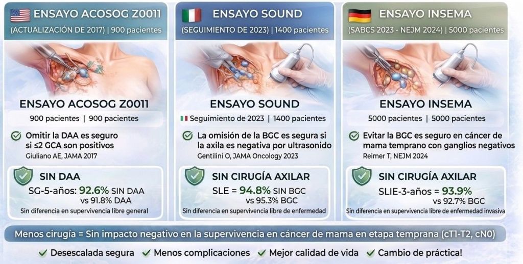 Infografía de los 3 estudios más importantes en la desescalada terapéutica axilar del cáncer de mama temprano. Se muestran breve y condensadamente los resultados del ACOSOG Z0011, el estudio SOUND y el estudio INSEMA