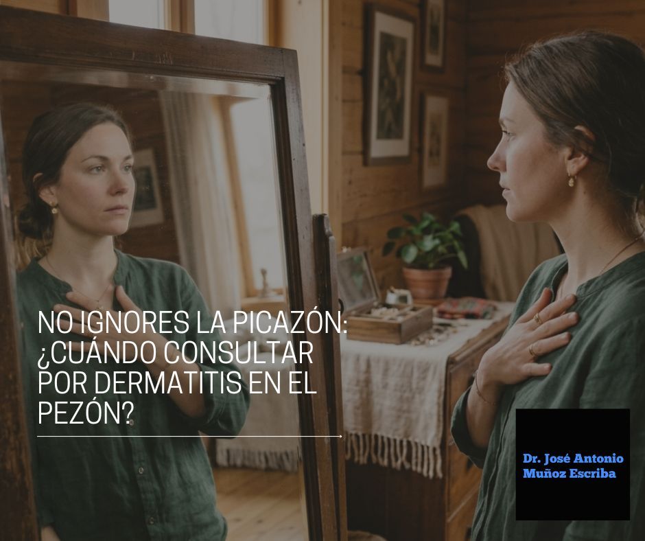 Mujer frente al espejo con una mano en el pecho, como señal de que algo está ocurriendo con sus senos, con rostro de preocupación y angustia