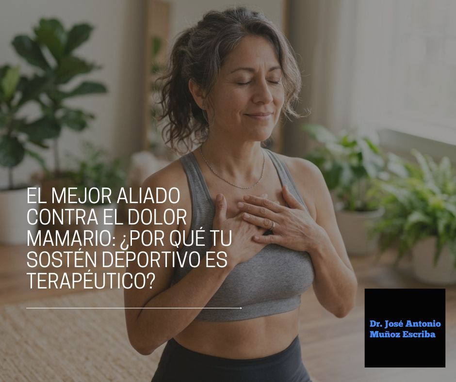 Una fotografía de estilo de vida de bienestar, luminosa y natural, que captura a una mujer de mediana edad con una expresión de alivio y serenidad. Está de pie en un entorno de yoga o meditación con luz suave de la mañana. Ella lleva un sostén deportivo de alto soporte, bien ajustado, de color gris suave o azul pastel, sin costuras visibles. Sus manos están apoyadas suavemente en su pecho sobre el sostén, como si sintiera alivio o comodidad. La imagen es un primer plano medio que enfoca la parte superior de su torso y su rostro. El fondo está desenfocado (bokeh), mostrando sutiles plantas verdes y un espacio tranquilo y ordenado, sugiriendo un ambiente de cuidado personal y salud. La atmósfera general de la imagen transmite paz, comodidad, y empoderamiento de la mujer cuidando de su propio cuerpo. La iluminación es natural y difusa.