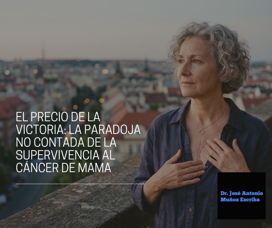 Mujer superviviente de cáncer de mama en la terraza de una ciudad europea con una mano en el corazón