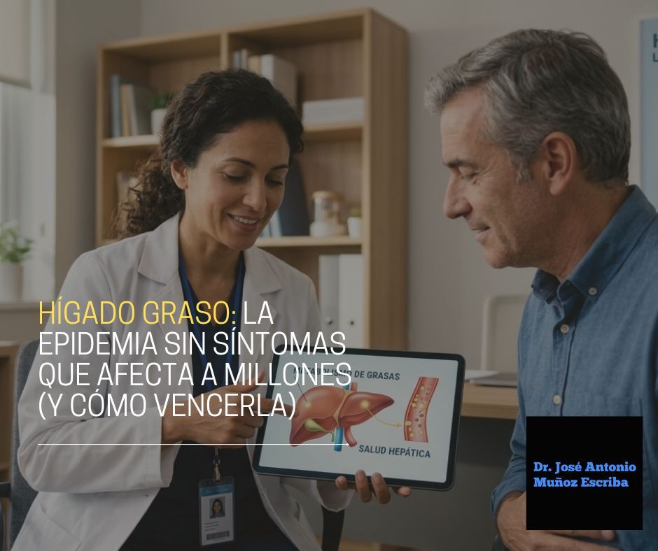 Fotografía médica en formato horizontal. Una doctora sonriente con bata blanca le señala a un paciente adulto mayor un diagrama interactivo del hígado y metabolismo de grasas en una tableta. Al fondo se observa un póster informativo sobre el hígado graso y la epidemia silenciosa.